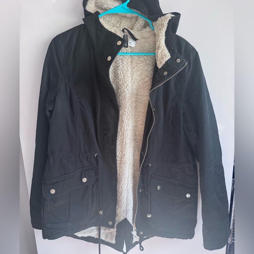H&M Black Utility Jacket with Cream Fleece Lining